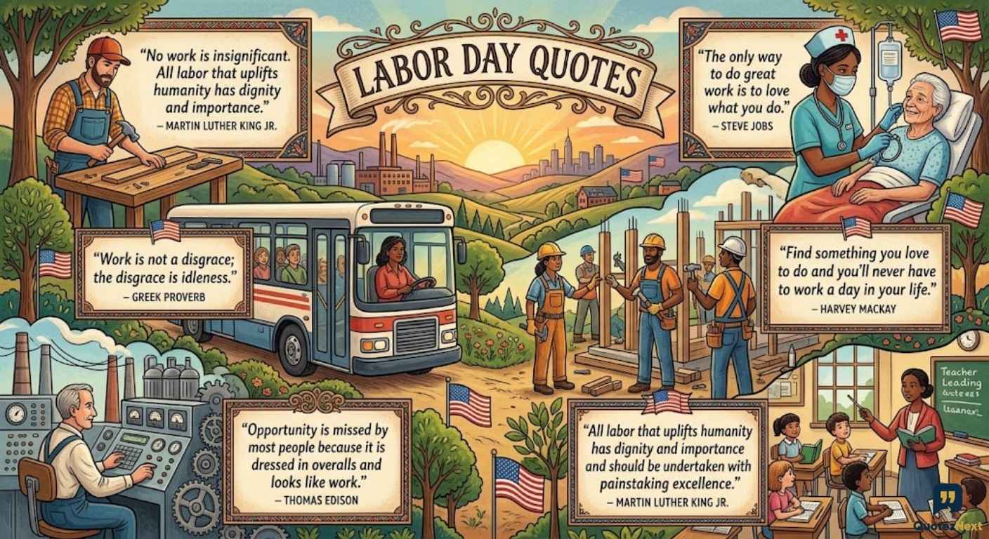 A detailed illustrated collage of diverse workers and American scenes, featuring a main banner with Labor Day Quotes.