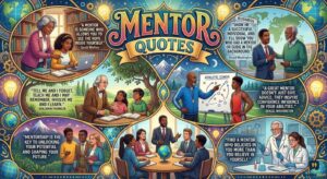 Diverse mentorship scenes are framed by globes and lights, surrounding the title "Mentor Quotes" in a colorful illustration.