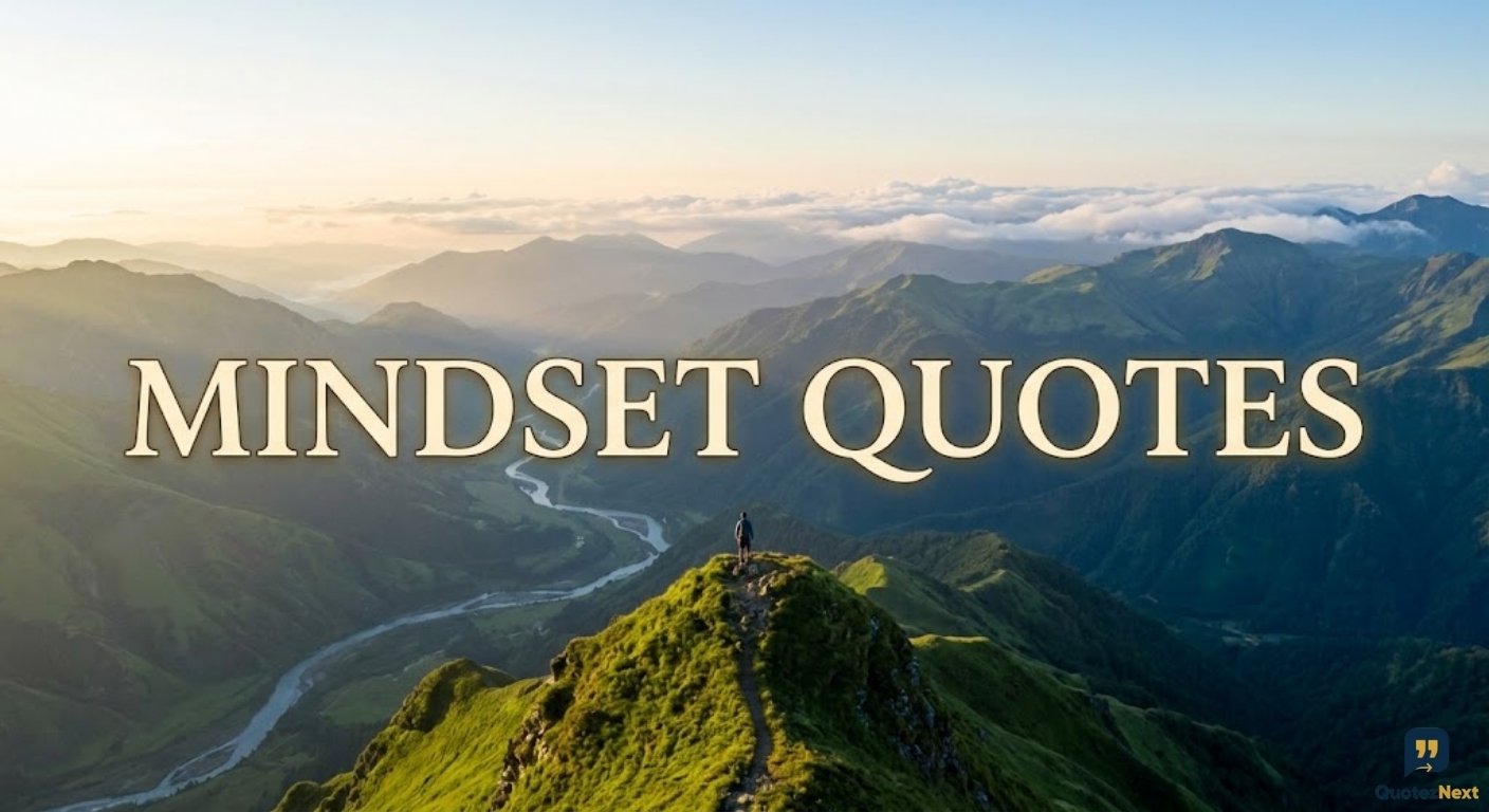 A vast, golden-lit mountain range panorama with a solitary hiker, featuring the bold centered title text "MINDSET QUOTES".