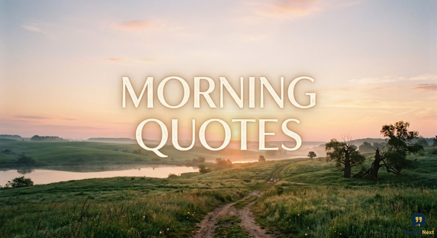 A serene, misty landscape at sunrise featuring the bold text "MORNING QUOTES" as a title card.
