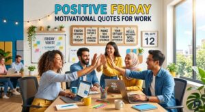 A diverse team celebrates in an office, high-fiving below a sign featuring Positive Friday Motivational Quotes for Work.