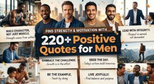 A dynamic collage features confident, diverse men achieving success under the headline 220+ Positive Quotes for Men.