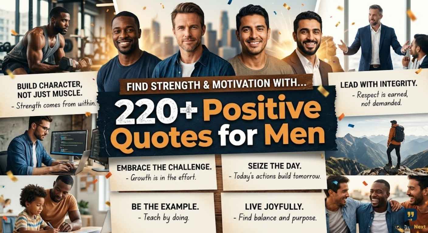 A dynamic collage features confident, diverse men achieving success under the headline 220+ Positive Quotes for Men.