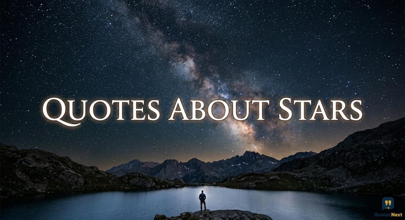A single, stylized title image featuring the text "Quotes About Stars" in elegant, white script against a deep, dark blue night sky filled with countless twinkling stars and distant nebulae. The focus keyword is "Quotes About Stars".