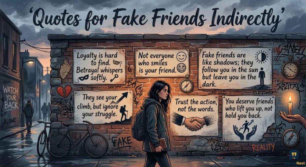 An illustrated scene featuring Quotes for Fake Friends Indirectly on posters along a city alley. A person stands alone.