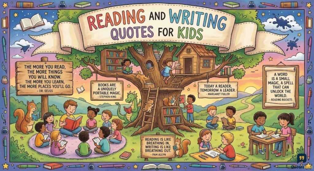 Young children read and write together outdoors near a big treehouse under a banner with Reading and Writing Quotes for Kids.