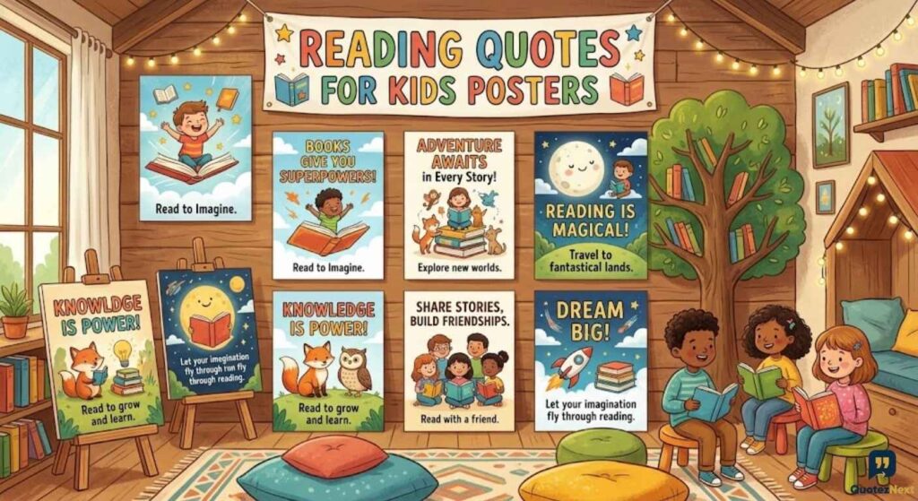 A room decorated with inspirational Reading Quotes for Kids Posters. Children sit and read among books.