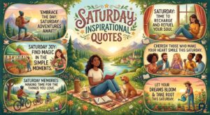 A vibrant illustration featuring diverse scenes and people, all centered around Saturday Inspirational Quotes for motivation.