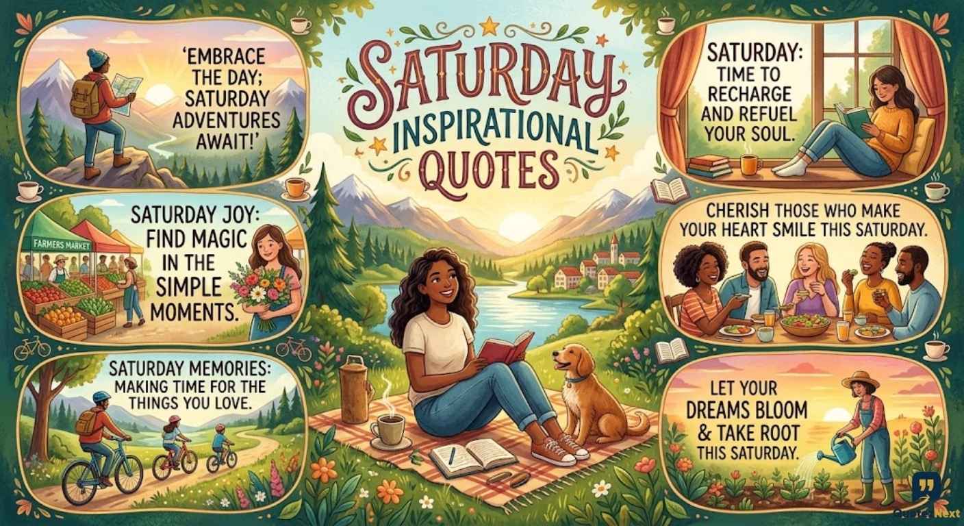 A vibrant illustration featuring diverse scenes and people, all centered around Saturday Inspirational Quotes for motivation.