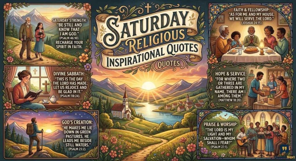A vibrant, ornate illustration collage featuring various scenes of faith and family, all presenting Saturday Religious Inspirational Quotes and uplifting Bible verses.
