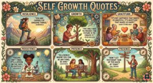 An illustrated collage featuring six framed panels depicting various motivational scenes with accompanying Self Growth Quotes.
