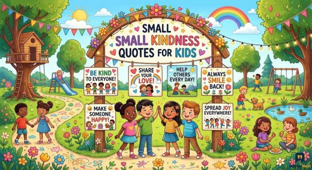 Diverse children high-five under a banner featuring posters with Small Kindness Quotes for Kids in a park.
