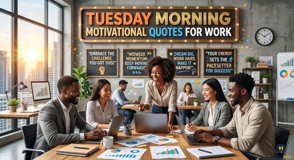 An African American woman leads an energized office team under a sign with Tuesday Morning Motivational Quotes For Work.