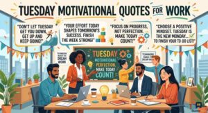An illustration of a motivated office team on a Tuesday, featuring text for 'Tuesday Motivational Quotes for Work'.