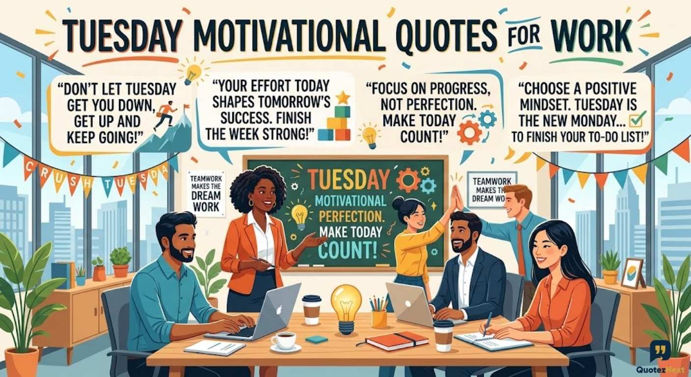 An illustration of a motivated office team on a Tuesday, featuring text for 'Tuesday Motivational Quotes for Work'.