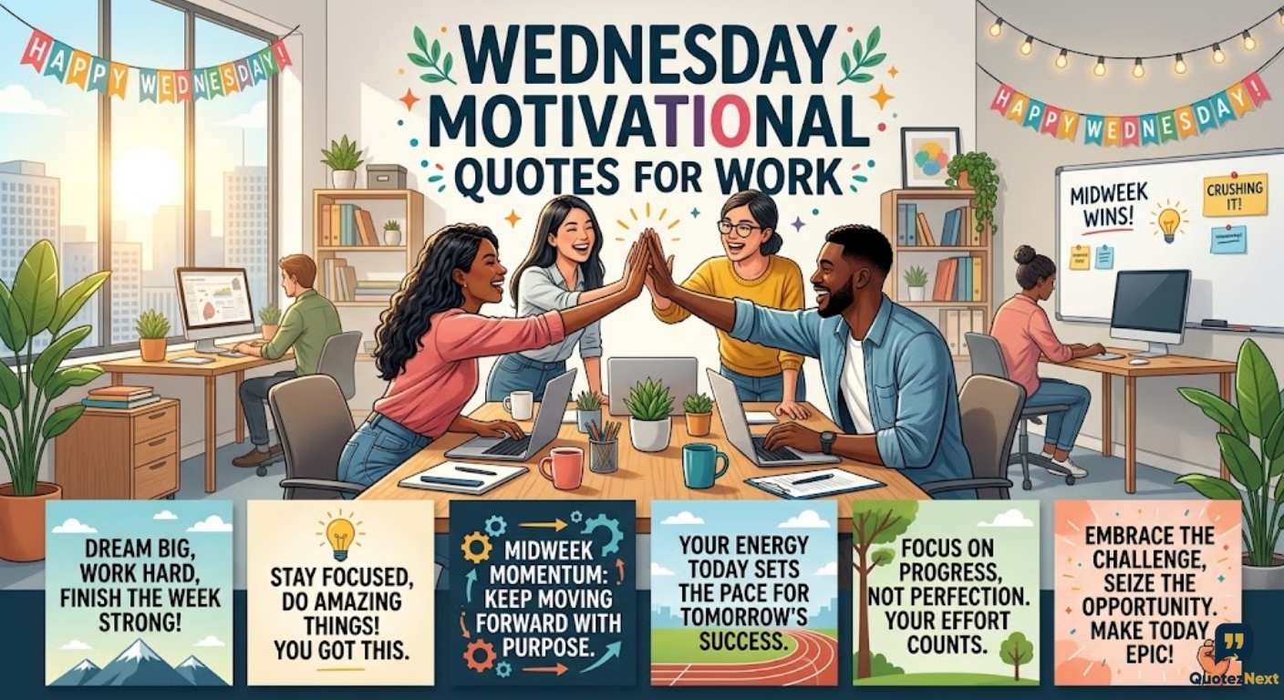 A vibrant illustration of a happy office team celebrating a midweek win, with Wednesday Motivational Quotes for Work below.