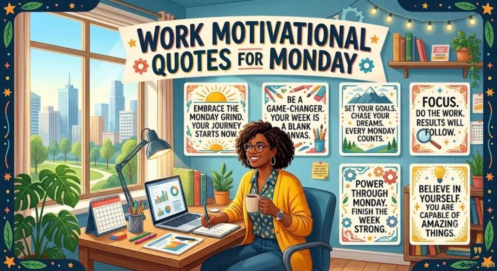 A smiling woman in an office works at a desk, with signs displaying Work Motivational Quotes for Monday. 