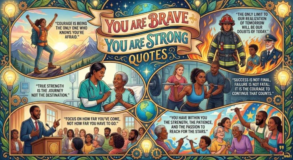 A collage illustration featuring diverse people and inspirational You Are Brave You Are Strong Quotes in ornate panels.