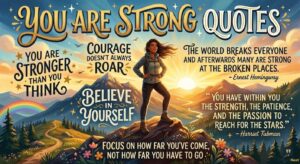 An inspiring mountain landscape featuring a resilient hiker surrounded by uplifting You Are Strong Quotes in warm sunlight.