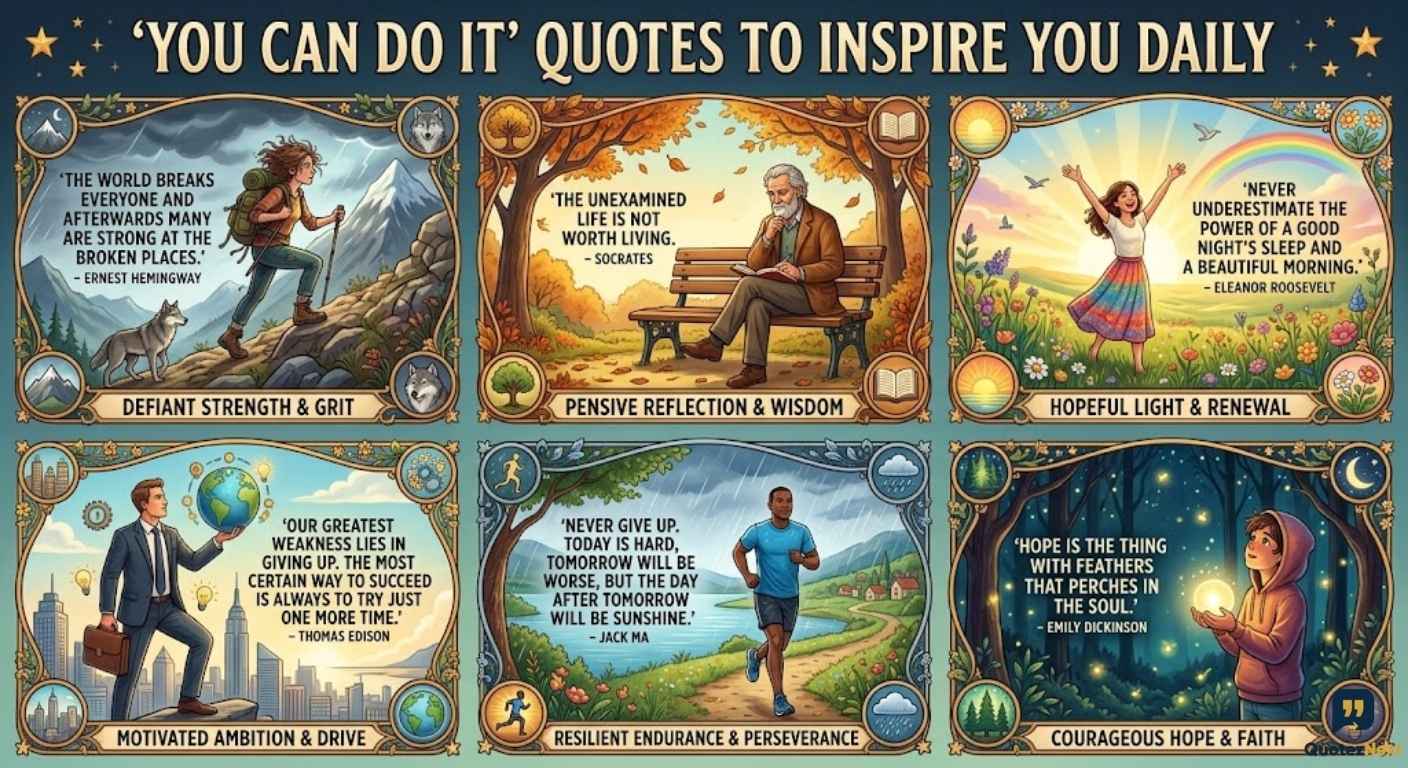Six framed panels feature individuals overcoming challenges alongside inspiring "You Can Do It" Quotes for daily motivation.