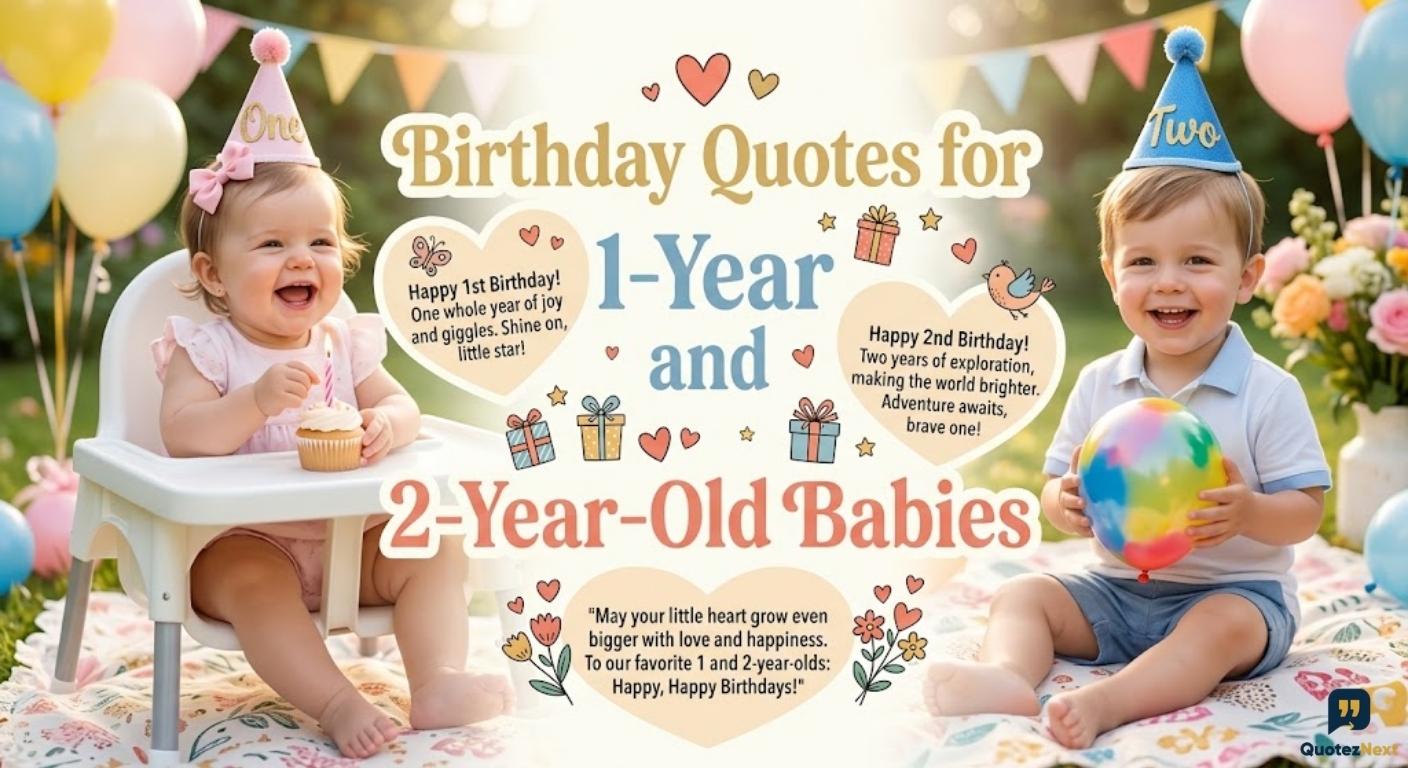 Birthday Quotes for 1-Year and 2-Year-Old Babies featuring smiling toddlers with party hats and colorful balloons.