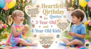 Heartfelt Birthday Quotes for 3-Year-Old and 4-Year-Old Kids with happy toddlers celebrating surrounded by colorful balloons.