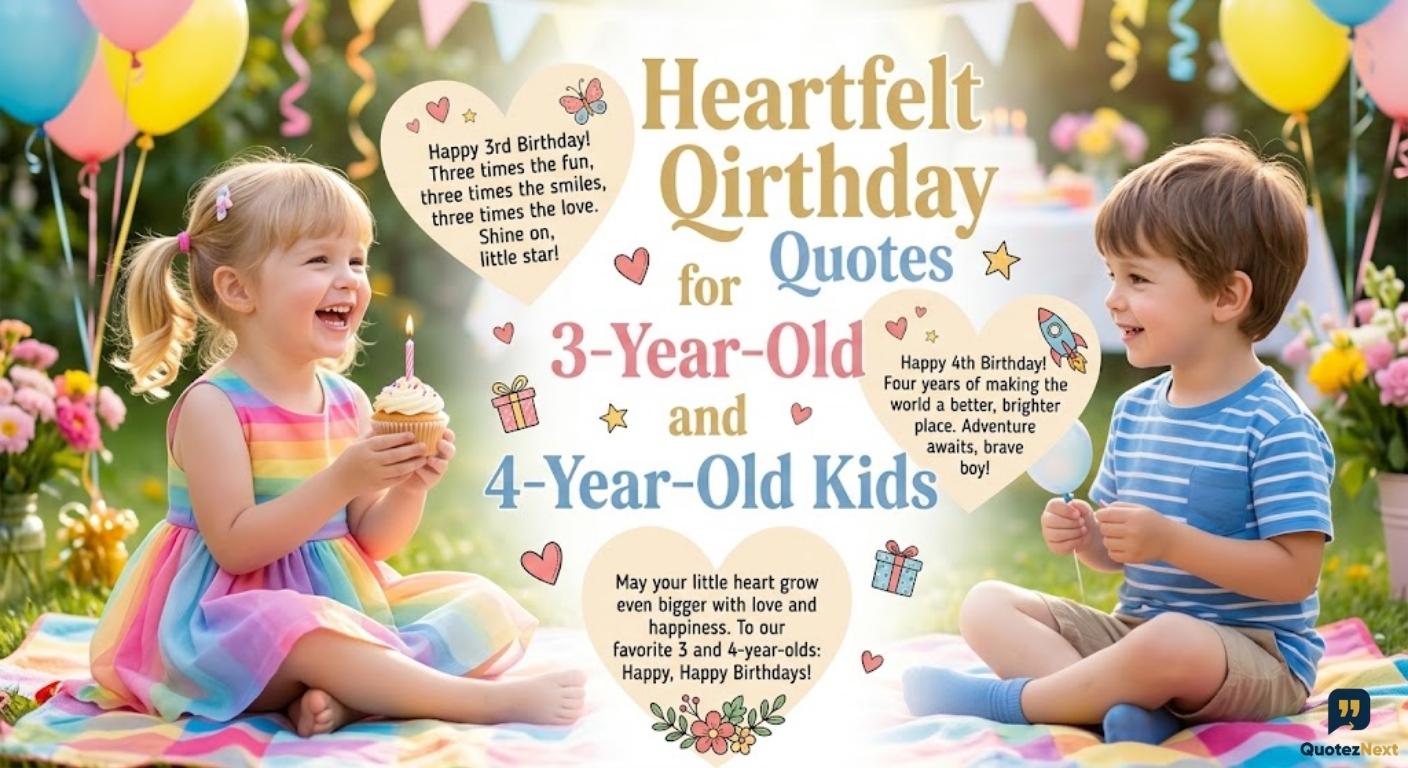 Heartfelt Birthday Quotes for 3-Year-Old and 4-Year-Old Kids with happy toddlers celebrating surrounded by colorful balloons.
