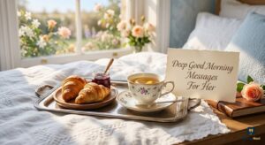 A charming breakfast-in-bed scene with a tray of croissants, jam, and tea, and a note reading "Deep Good Morning Messages For Her".