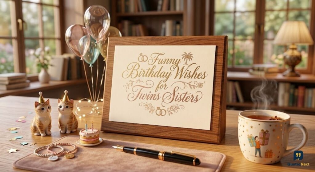 A decorative wooden frame on a desk displays elegant gold text: "Funny Birthday Wishes for Twins Sisters". Nearby are cat figures.