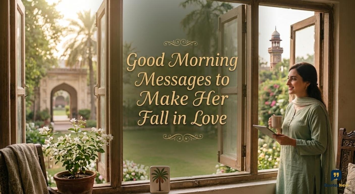 A woman stands by a window with a tea cup looking out over a garden with a traditional building.