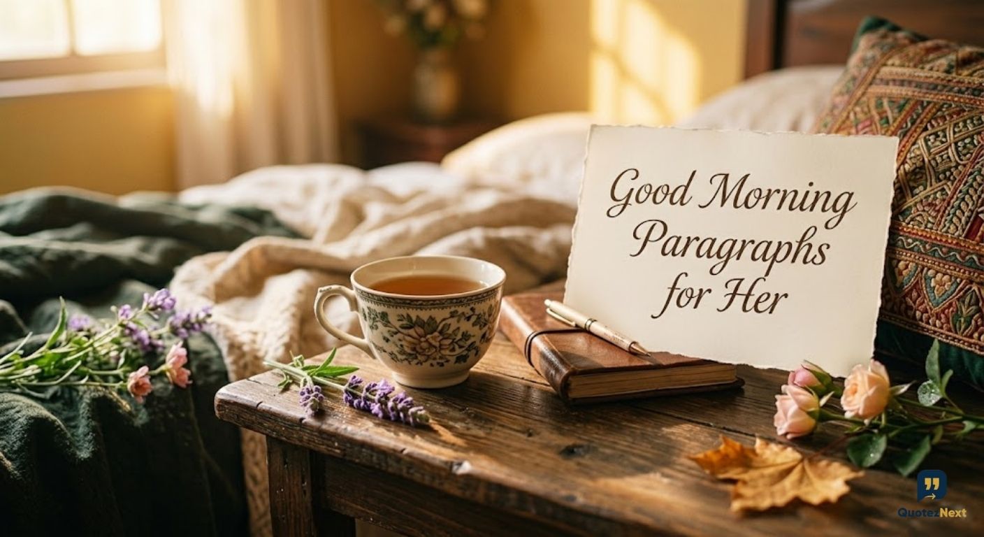 A cup of tea and flowers on a bedside table with a note reading "Good Morning Paragraphs for Her".