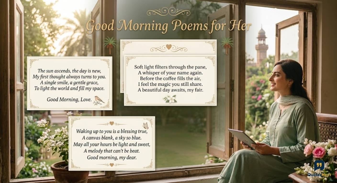 Good Morning Poems for Her graphic showing a woman by a sunlit window with romantic poem cards over a garden backdrop.