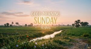 A peaceful sunrise over a green field with wildflowers and palm trees with the text "GOOD MORNING SUNDAY Wishes".