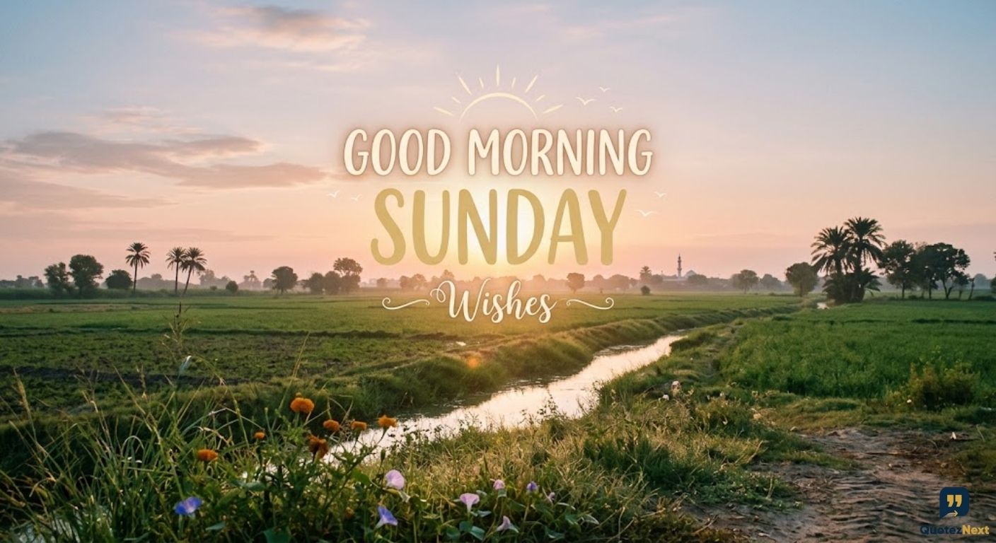 A peaceful sunrise over a green field with wildflowers and palm trees with the text "GOOD MORNING SUNDAY Wishes".