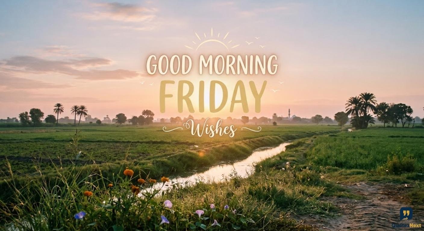 A serene sunrise over green fields and a stream with the headline "GOOD MORNING FRIDAY Wishes" overlaying the warm sky.