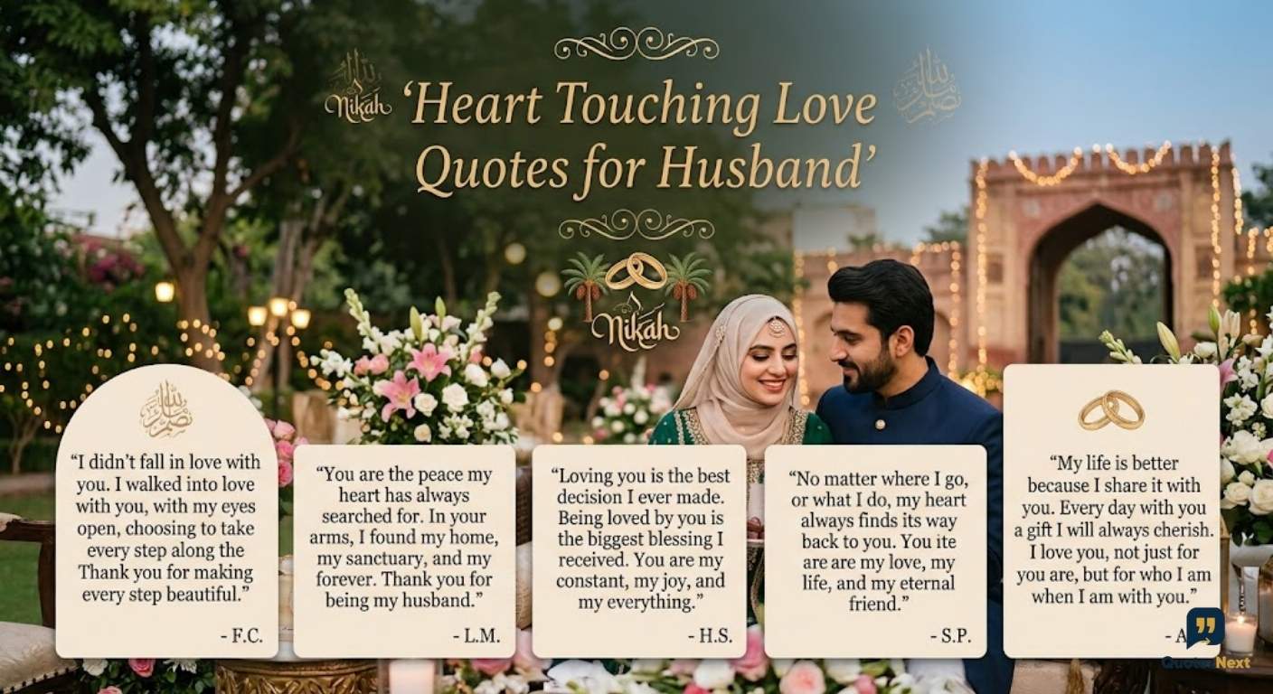 Heart Touching Love Quotes for Husband featuring a loving Muslim couple on a decorated bench in a sunny outdoor garden setting.
