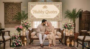 A loving couple on a couch with "Hubby Quotes" in a floral frame, surrounded by plants and ornate Pakistani decor.