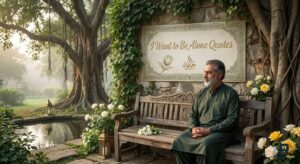 A photo of a man on a bench in a garden, with a sign reading "I Want to Be Alone Quotes" above him.