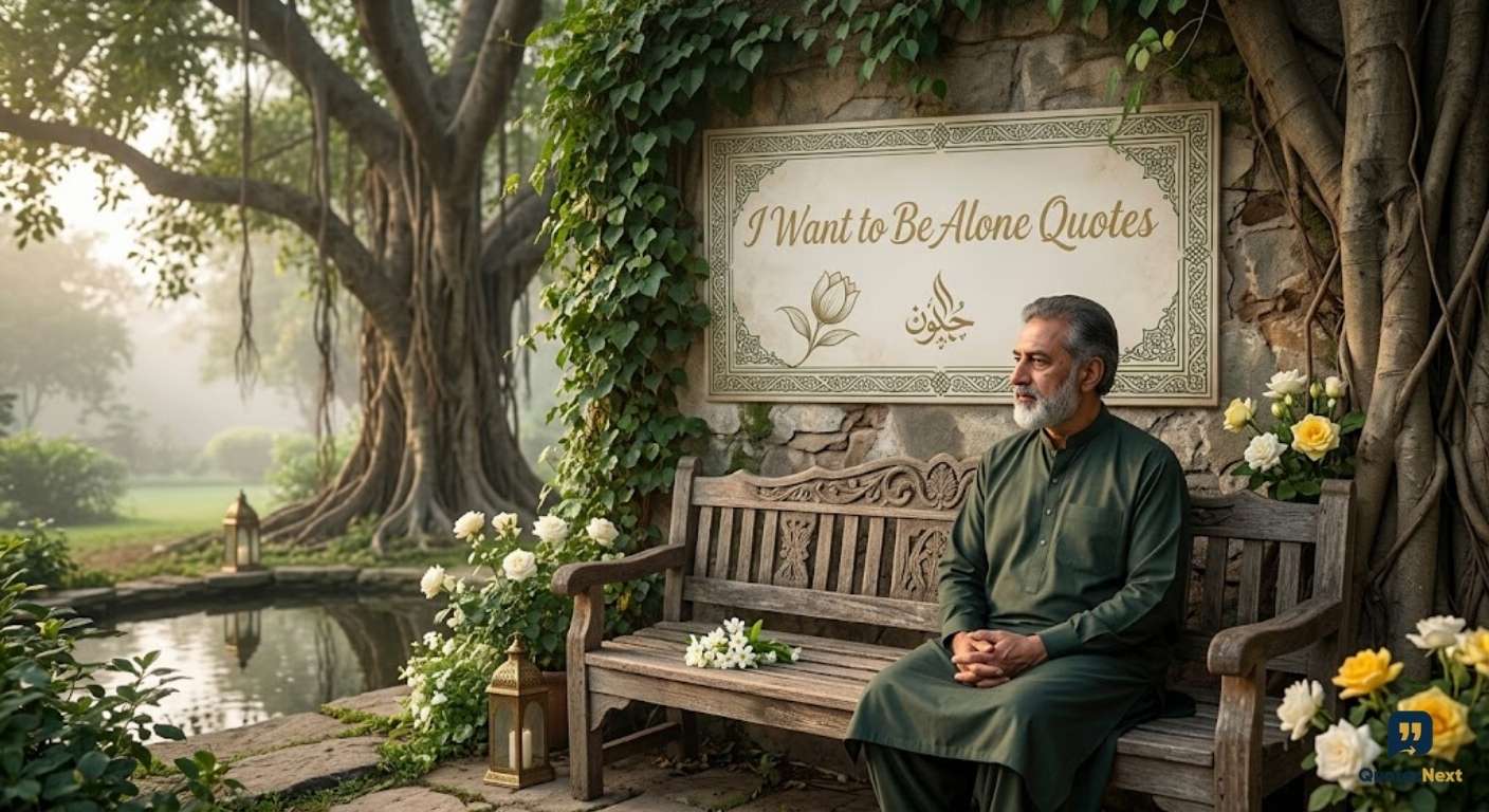 A photo of a man on a bench in a garden, with a sign reading "I Want to Be Alone Quotes" above him.
