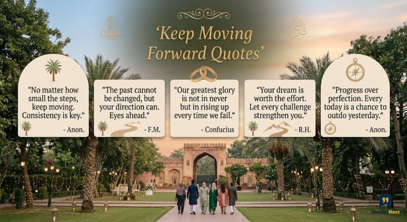 A picture of four cards with keep moving forward quotes with a background of a historic gate.
