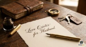 Calligraphy paper reading "Love Quotes for Husband" on a wooden desk with a journal, compass, and pen.