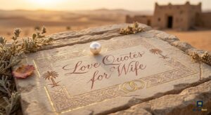 A photo of a carved stone slab with "Love Quotes for Wife" text, a pearl, and palm tree motifs in a desert at sunset.