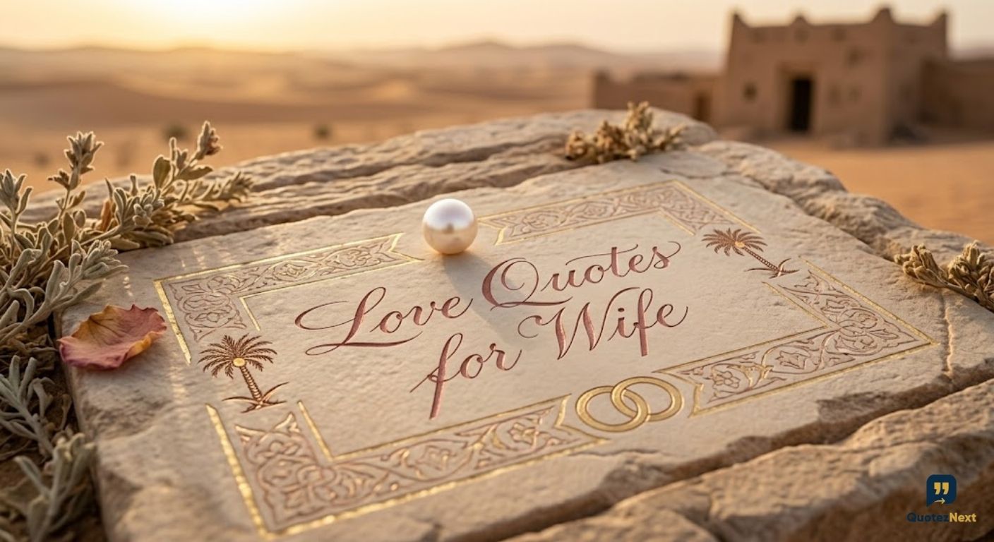 A photo of a carved stone slab with "Love Quotes for Wife" text, a pearl, and palm tree motifs in a desert at sunset.