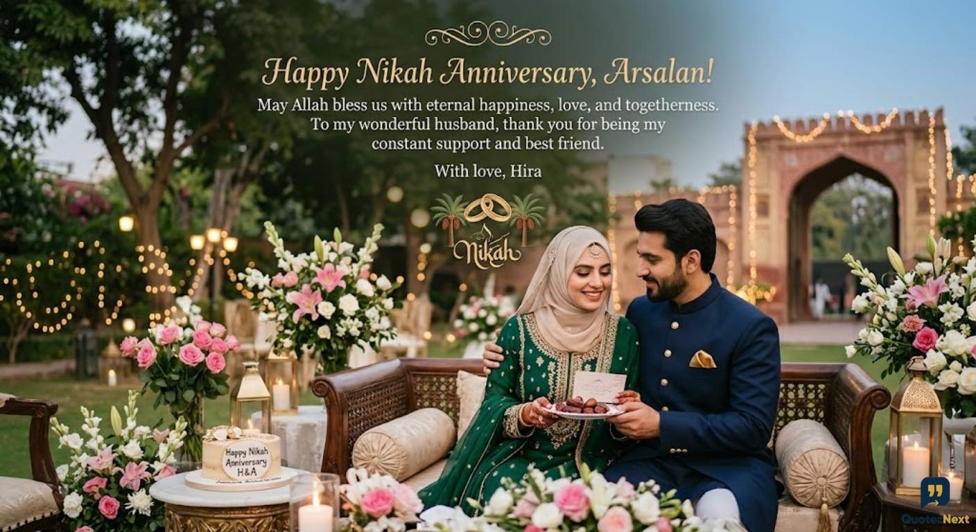 Nikah Anniversary Wishes for Husband image with a Muslim couple celebrating surrounded by elegant floral decorations.