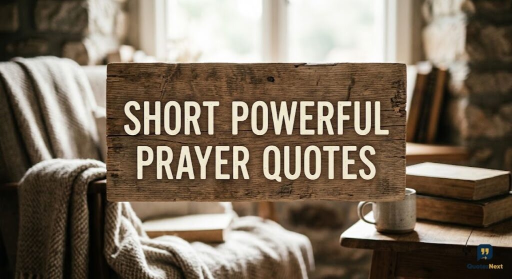 A photo of a decorative stone wall inside a quiet garden chapel with white text reading '**Short Powerful Prayer Quotes**'.