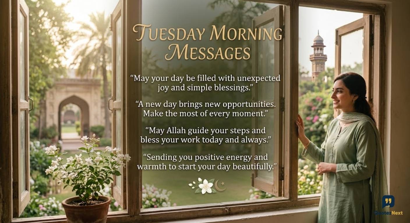 Tuesday Morning Messages featuring a woman standing by a open window looking out at a sunny morning garden with quote cards.
