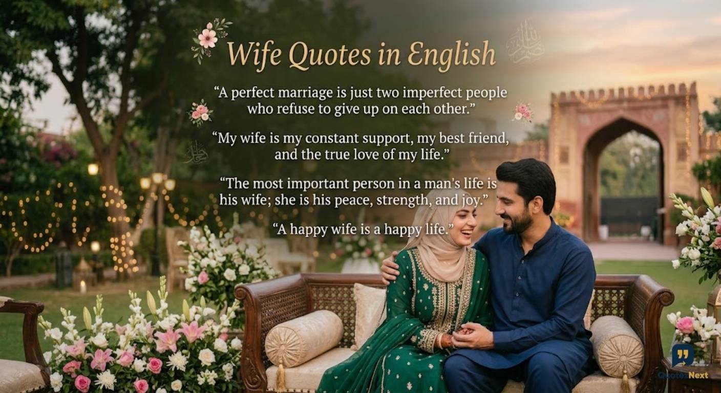 Wife Quotes in English featuring a loving couple sitting together in a beautiful outdoor garden setting with floral decor.
