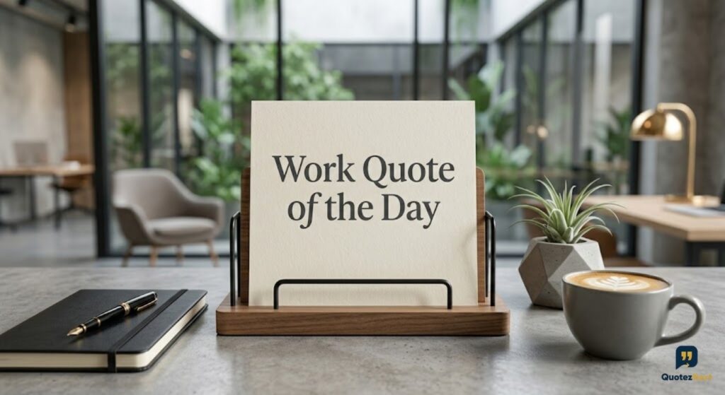 A desk in a modern office, featuring a card holder with "Work Quote of the Day" text, a notebook, pen, succulent, and coffee.