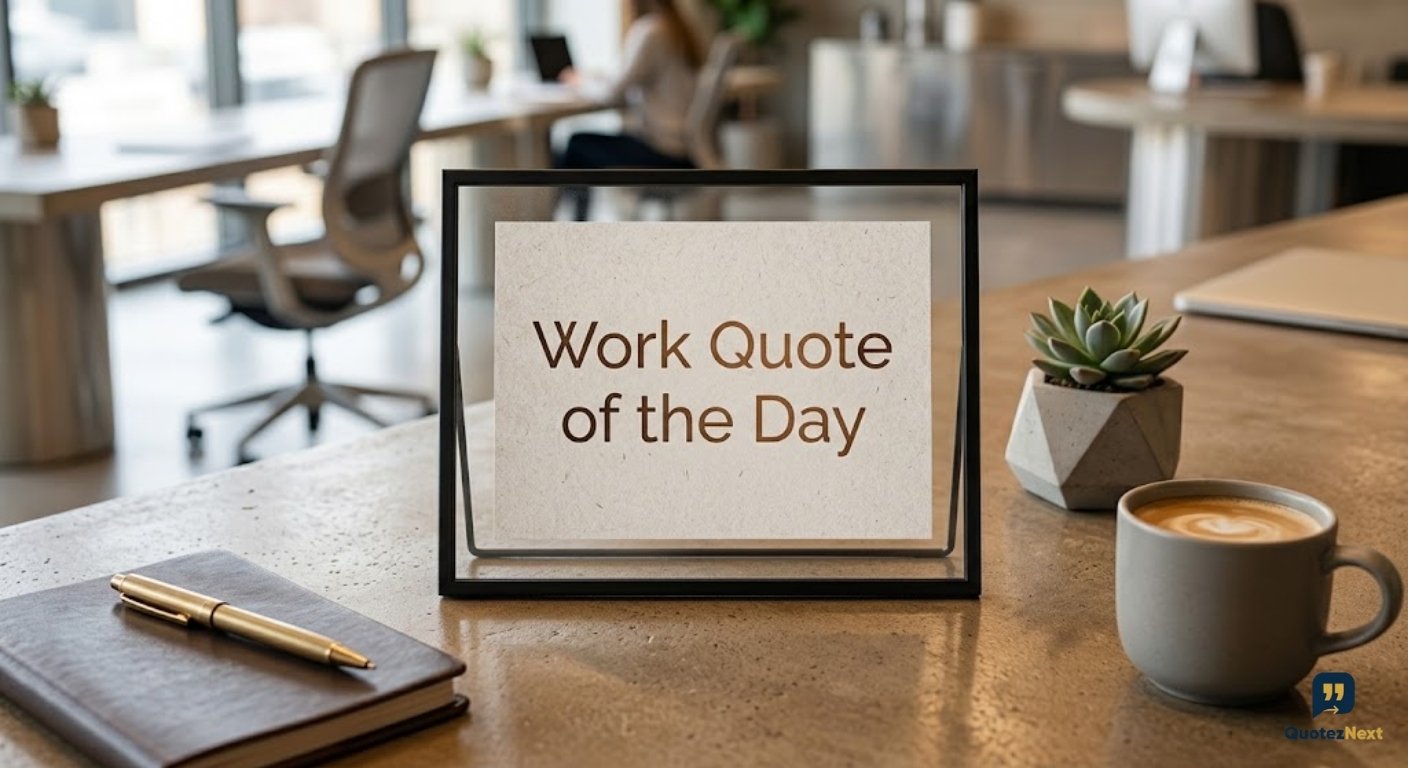 A desk with a "Work Quote of the Day" frame, surrounded by a coffee cup, succulent, and pen, in a modern office setting.