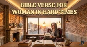A strong woman, holding a card with Joshua 1:9, finds comfort in her study, featuring a relevant Bible verse for strong woman in hard times.